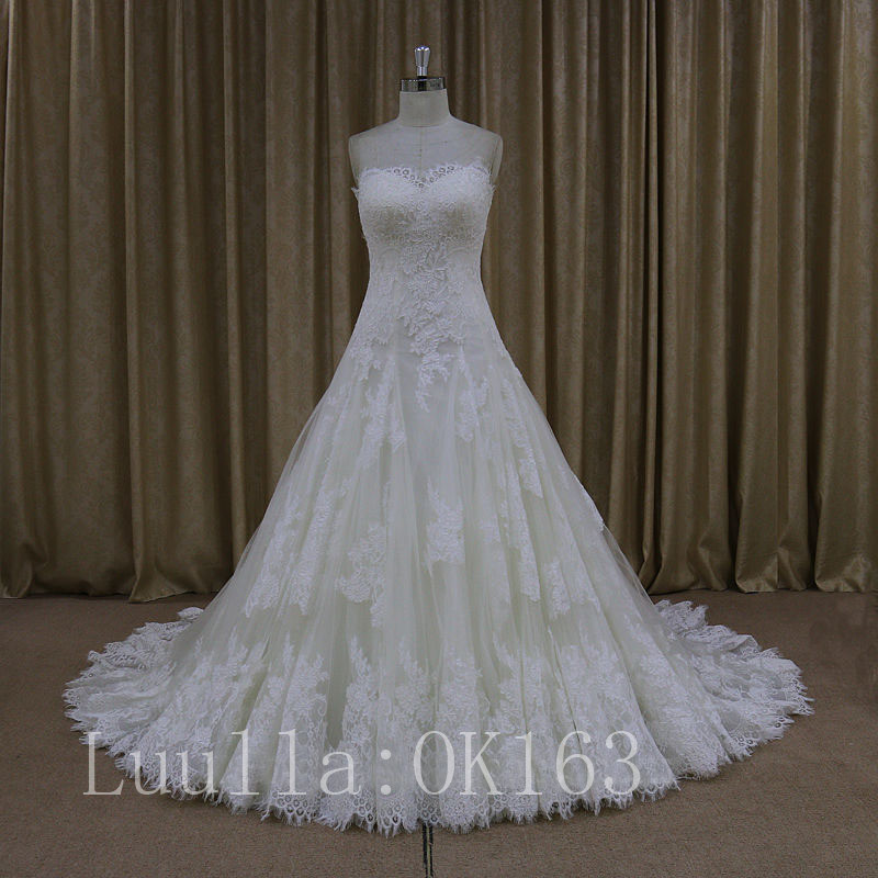 Strapless Sweetheart Lace Appliqués A-line Wedding Dress Featuring Lace-up Back And Train