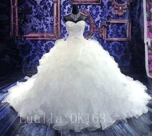Women Fashion White/ivory Organza Beaded Wedding Dress Bridal Gown Sexy Ball Gown Dress Long Train Prom Dress Kk34
