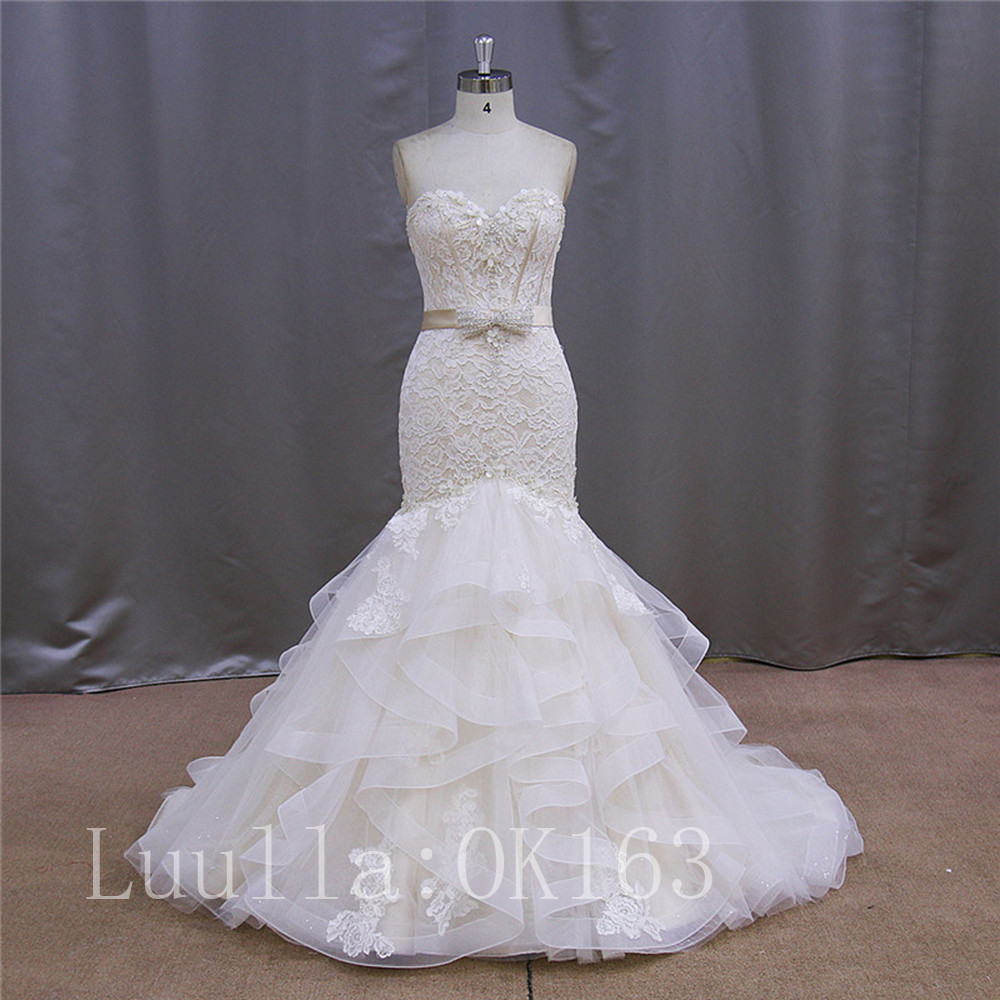 Women Fashion White/ivory Strapless Organza Lace Wedding Dress Bridal Gown Sexy Ball Gown Dress Long Train Prom Dress Kk40