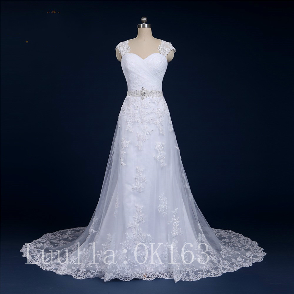 Women Fashion White/ivory Lace Cap Shoulder Wedding Dress Full Length Bridal Gown Long Train Prom Dress Kk42