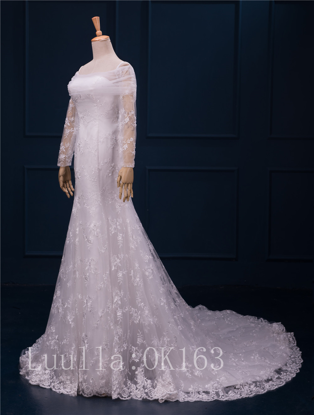 Women Fashion White/ivory Lace Wedding Dress Bridal Gown Sexy Long Sleeve Dress Long Train Prom Dress Kk43