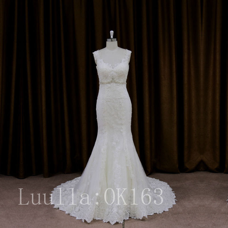 Women Fashion White/ivory Lace Cap Shoulder Wedding Dress Bridal Gown Sexy Mermaid Dress Long Train Prom Dress Kk45