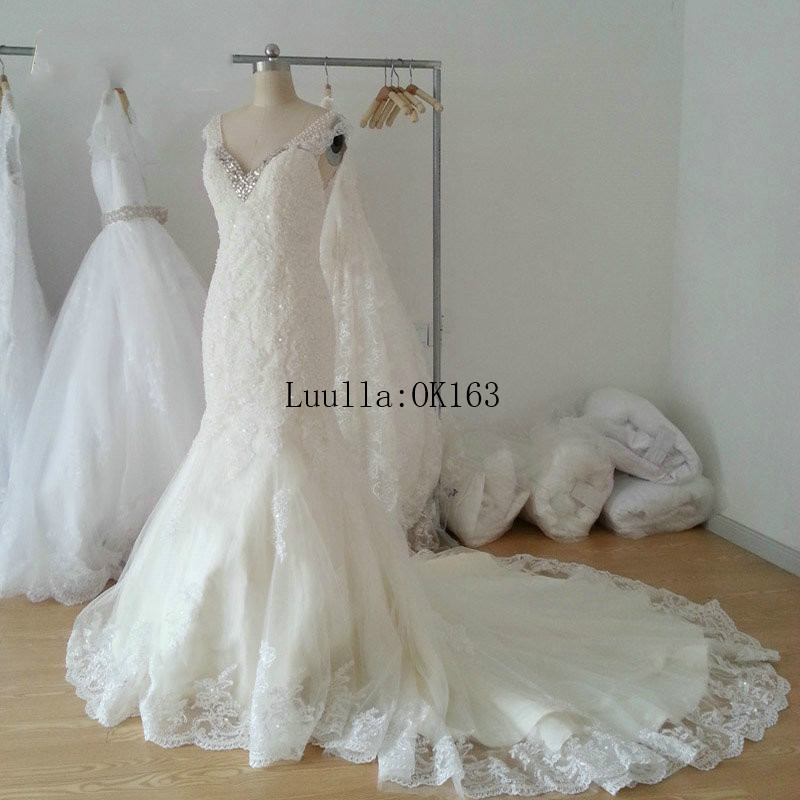 V-neck Lace Beaded Mermaid Wedding Dress Featuring Sheer Back And Long Train In White Or Ivory