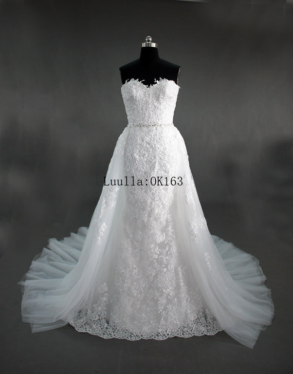 Women Fashion White/ivory Lace Strapless A Line Wedding Dress Full Length Bridal Gown Prom Dress Kk79