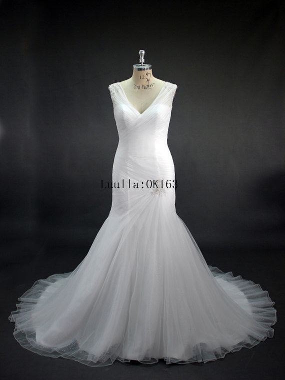 Women Fashion White/ivory V Neck Organza Wedding Dress Full Length Bridal Gown Prom Dress Kk80