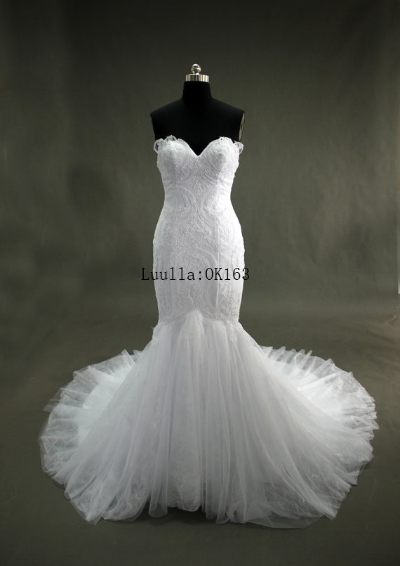 Women Fashion White/ivory Tulle Strapless Mermaid Wedding Dress Full Length Bridal Gown Prom Dress Kk82