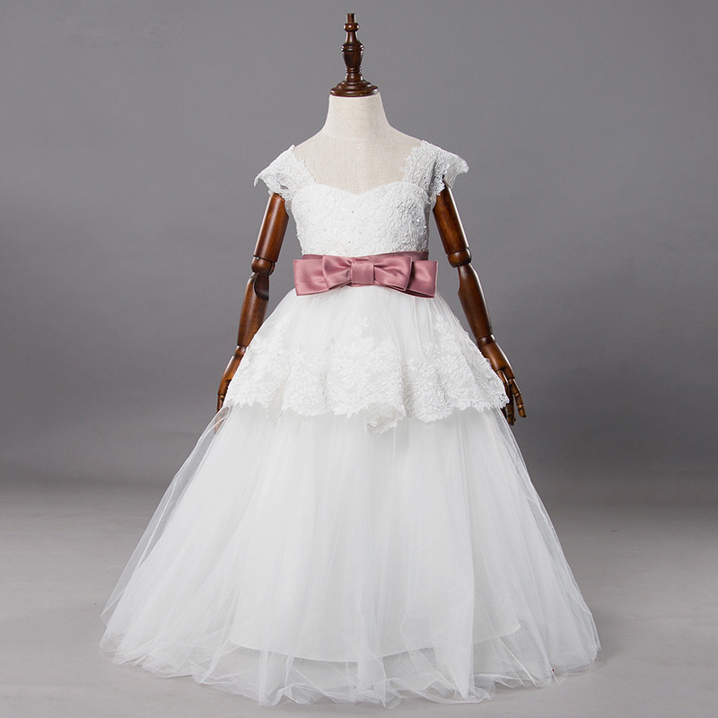 Princess Ball Gown White Lace Flower Girls Dresses For Weddings 2016 Tulle Belt Bow Knot Custom First Communion Dress Gown Kids67