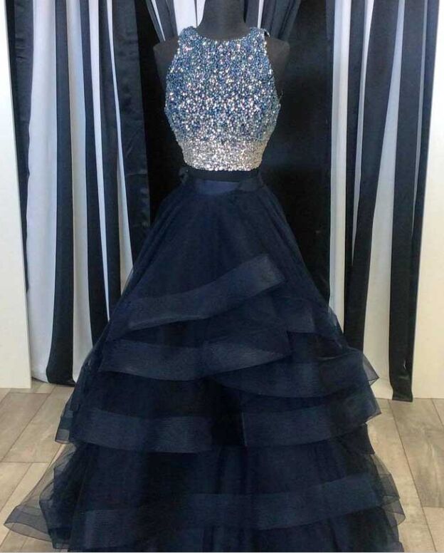 navy blue and pink prom dresses