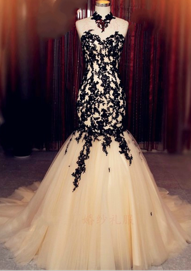 Black Applique High Neck Mermaid Prom Dresses,evening Dress Ja26