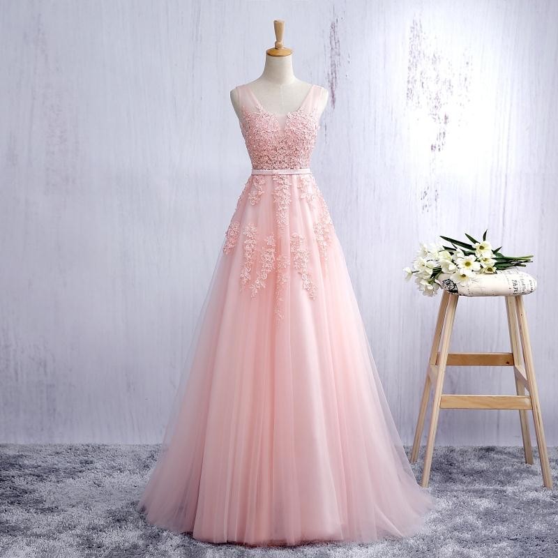 Pink V Neck Tulle Prom Dress, Open Back A Line Formal Gown With Lace Appliques Ja28