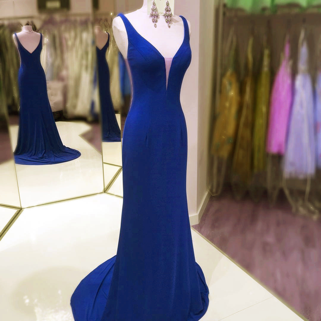 Royal Blue Fitted Formal Gown,fitted Plunging V Neck Party Dress,jersey Evening Dress Ja33