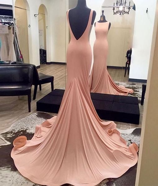 Gorgeous Blush Pink Backless Formal Gown, Jersey Fitted Pageant Gown, Long Dress With Sweep Train Ja68