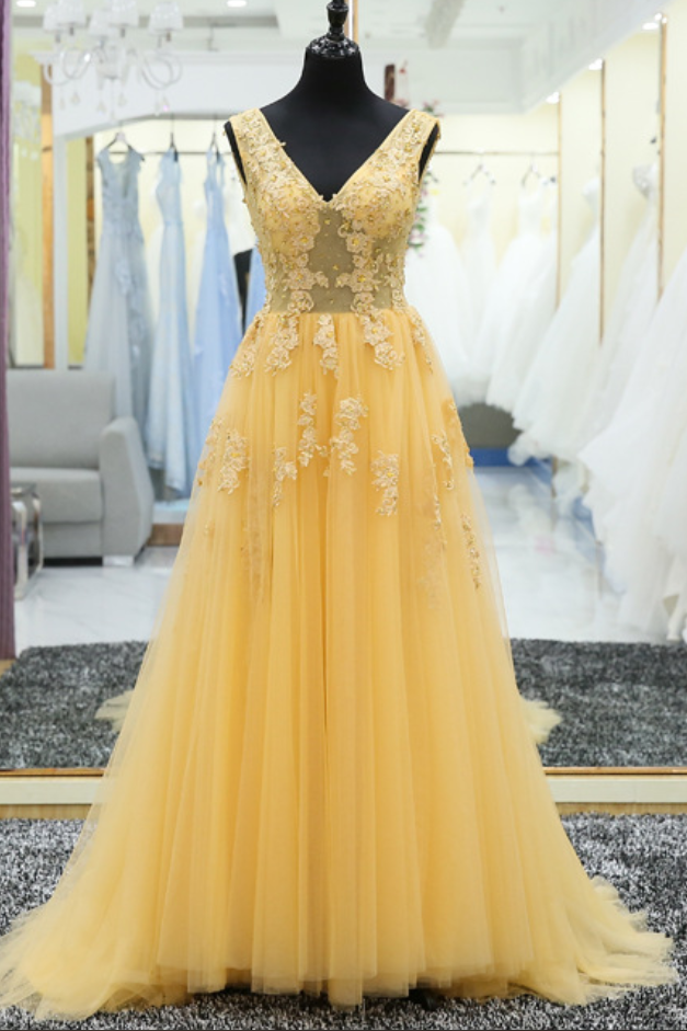 V Neck Lace Applique A Line Lace Up Back Yellow Long Prom Gown Formal Evening Party Dress Ja72