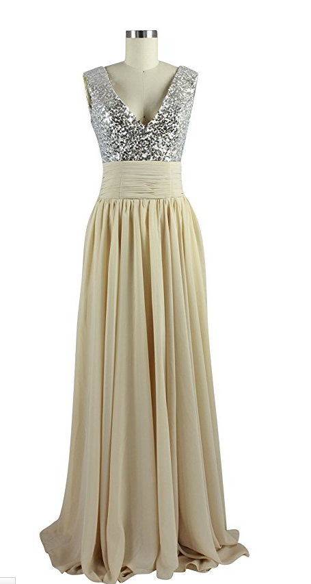 Sleeveless V Neck Sequin Chiffon Champagne Evening Gown Prom Dress Ja109