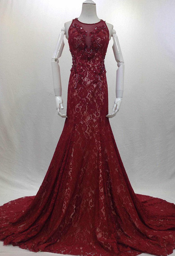 Fashionable Beading Red Evening Dresses Real Photos Long Elegant Sexy Party Lace Chapel Train Prom Dresses Ja122