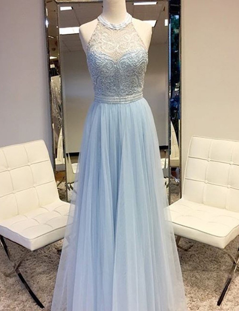 Elegant Round Neck Sleeveless Floor Length Silver Prom Dress With Lace Beading Ja130