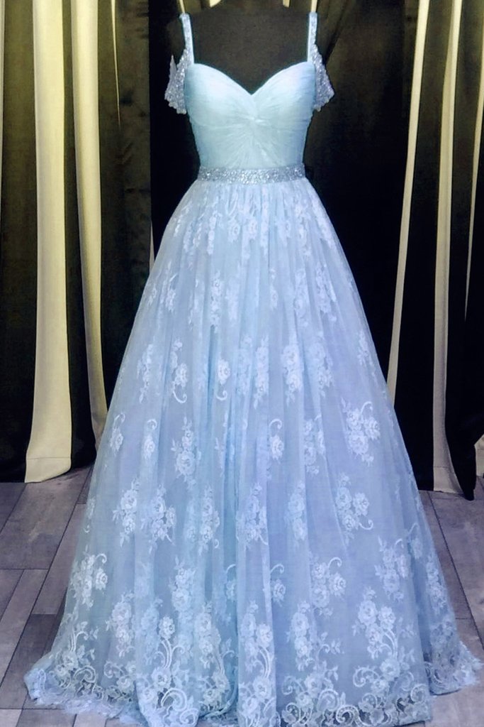 Light Blue Lace V-neck A-line Long Prom Dress,graduation Dresses With Straps Ja149