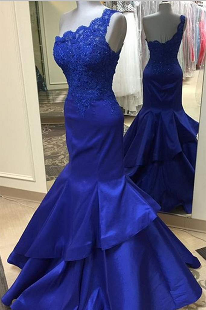 Blue Lace One Shoulder Mermaid Long Dresses,formal Dresses For Graduation Ja156