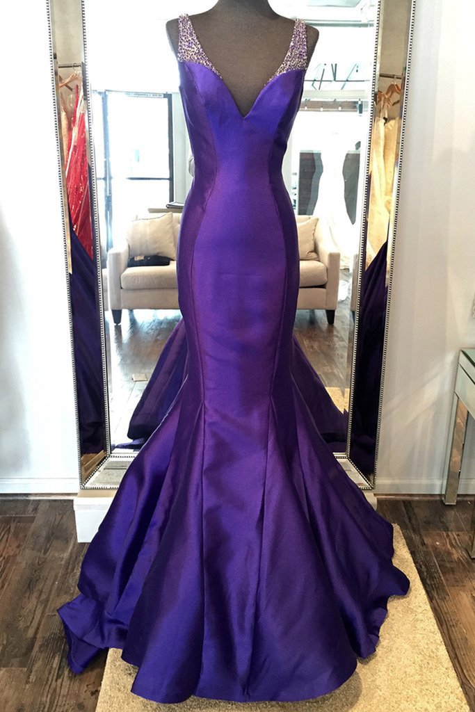 Luxury Purple Satins V-neck Sequins Mermaid Long Prom Dress Ja157