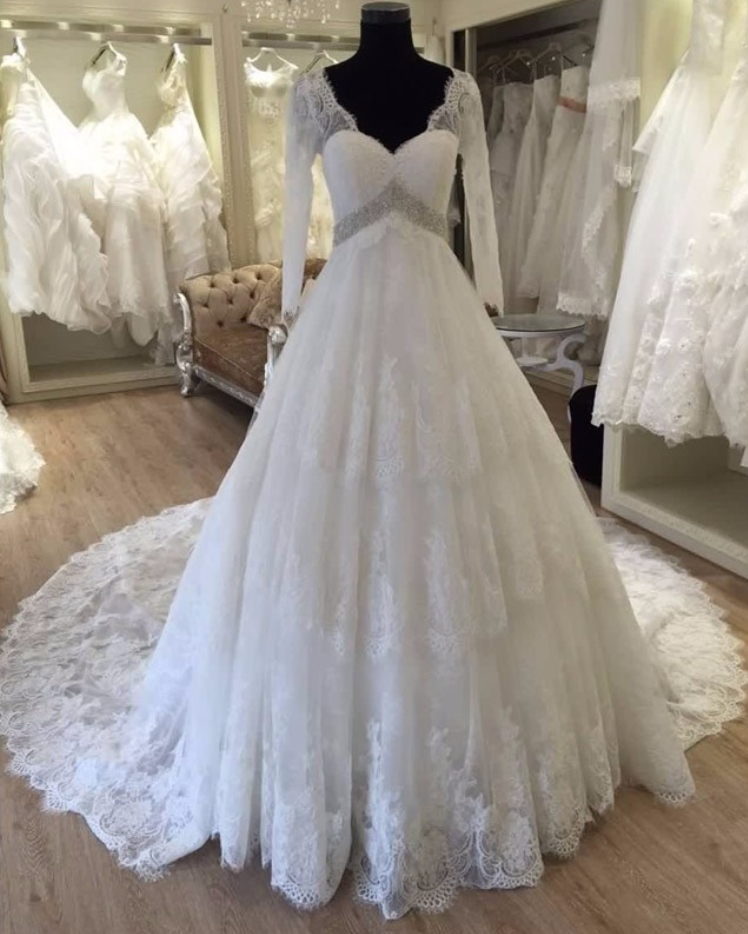 Real Photos Long Sleeve V Neck Wedding Dress Backless Vestido De Noiva Chapel Train Crystal Beading Long Robe De Mariage Ja192