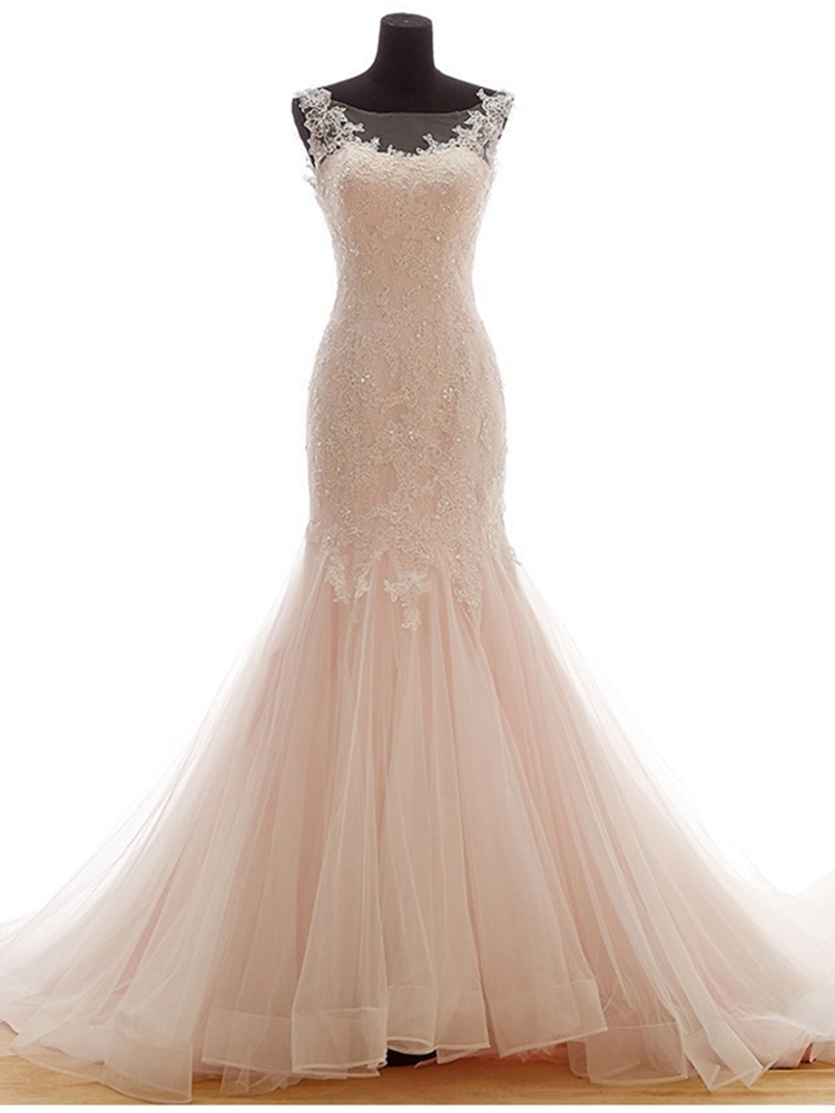 Bateau Sheer Mermaid Wedding Dress Featuring Lace Appliqués And Lace-up Back