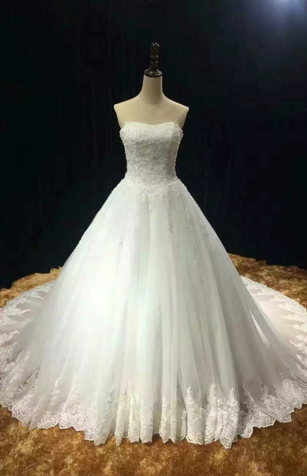 Chapel Train Soft Tulle Lace Appliques Strapless Wedding Dress Real Photo Vestido Noiva Prince With Pearls Custom-made Ja198