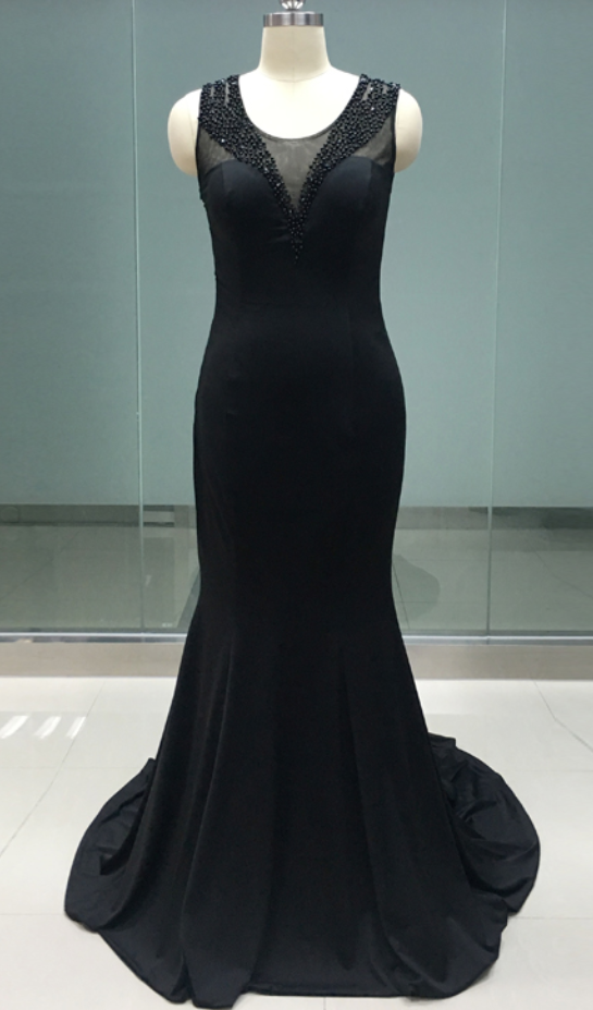 Real Photo Spandex Black Evening Dress Mermaid Sheer Back Beading Girl Prom Party Dress Ja212