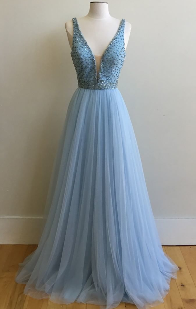 Plunging V Sleeveless Beaded A-line Floor-length Prom Dress, Evening Dress