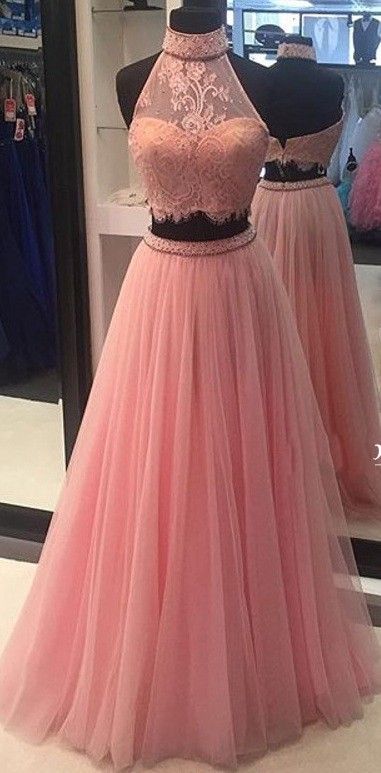 Two Pieces Prom Dress, High Neck Prom Dress, Vintage Tulle Party Dress, 2017 Pink Lace Prom Dress, Sexy Backless Formal Party Dress,Formal Pink Evening Dress, A Line Floor Length Party Dress, Pageant Pink Party Dress,Cheap Party Dress Plus Size 2017 JA222