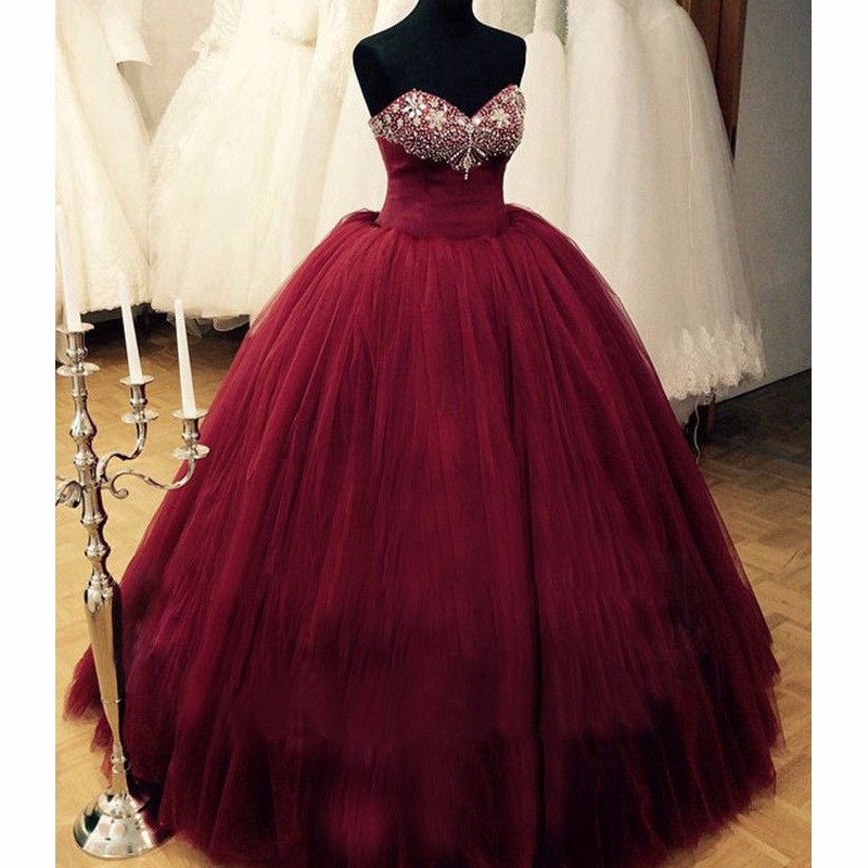 Puffy Burgundy Qinceanera Dresses Prom Dress Ball Gown Beaded Top Corest Lace-Up Back Floor Length Princess Vestidos De Debutante Gowns JA224