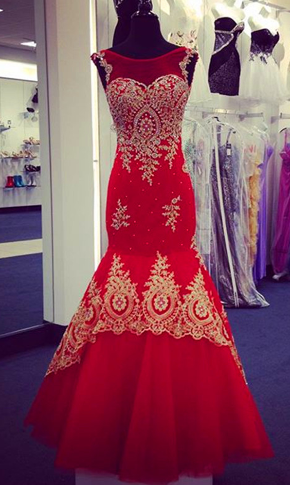 Prom Dress, Prom Dress,modest Prom Dresses,red Mermaid Evening Dresses Gold Lace Appliques Cap Sleeves Prom Gowns Ja244