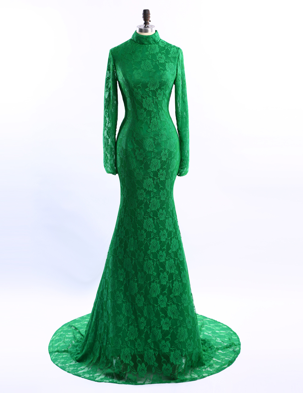 Long Sleeve Evening Dress High Neck Green Evening Dresses Lace Mermaid Vestido De Festa Court Train Dress Party Elegant Ja267