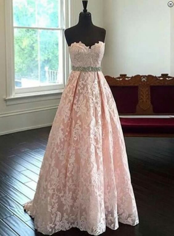 Strapless Sweetheart Lace A-line Long Prom Dress, Blush Pink Prom Dresses