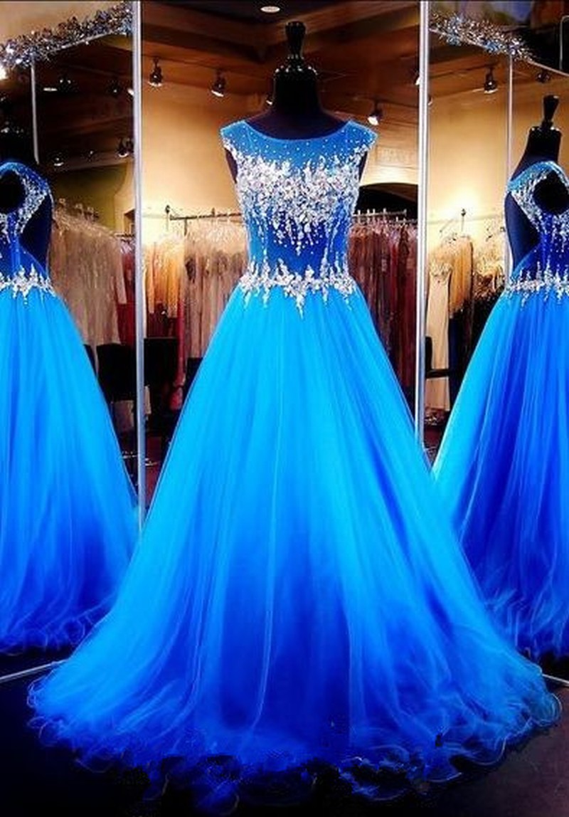 Royal Blue Crystals Luxury Prom Dresses Capped Sleeves Sheer Hollow Back A-line Pageant Dresses Lf38