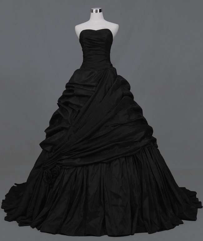 Lace Up Sleeveless Taffeta Strapless Taffeta Court Train A-line Black Wedding Dresses C11
