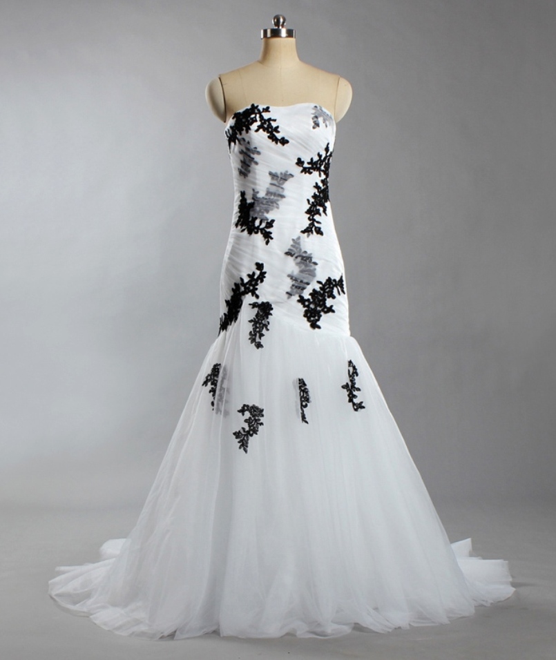 Women's Strapless Flowers Tulle Ball Gown White And Black Wedding Dresses For Bride C54