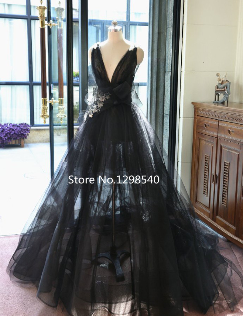 Black A-line Wedding Dress Vestido De Noiva Real Open Back V-neck Wedding Gowns Vestidos De Noivas Para Casamento C57