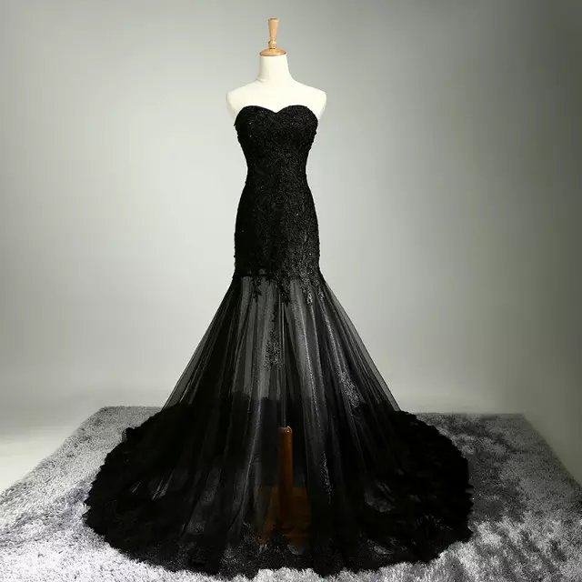 Special Lace Wedding Dresses Black Color Mermaid Back Appliques Chapel Train Sweetheart Dresses C69