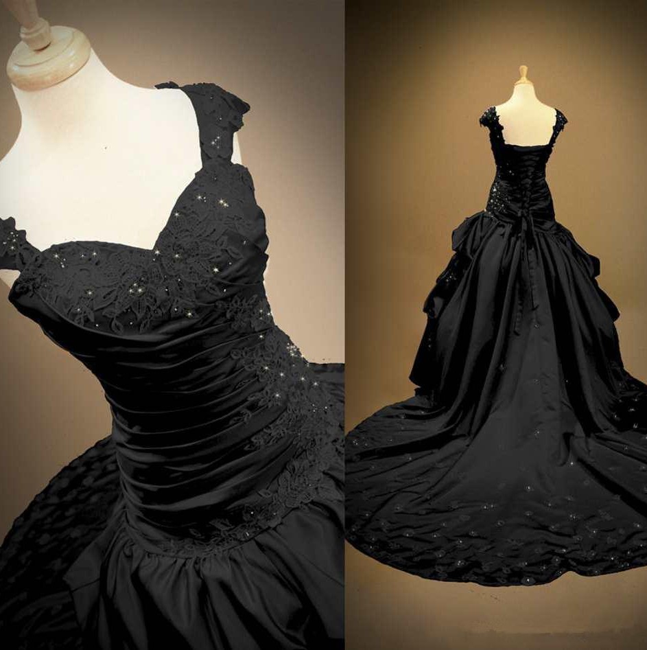 Gothic Black Ball Gown Wedding Dress With Lace Appliques Beading Draped Formal Bride Bridal Gown Vestido De Noiva C74