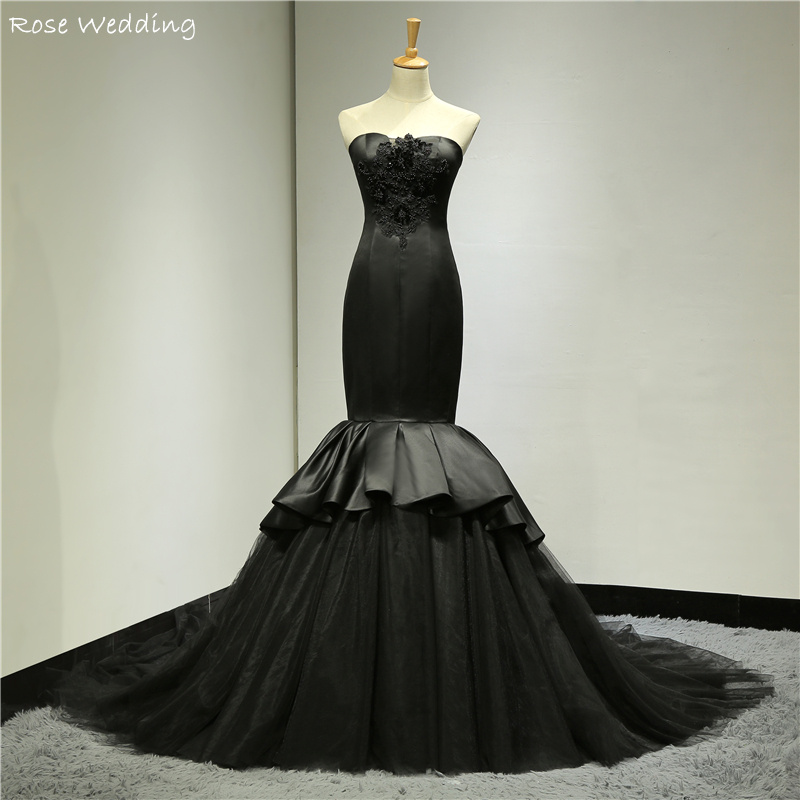 Real Made Strapless Luxury Beading Black Satin Mermaid Long Wedding Dress Bridal Gown C80