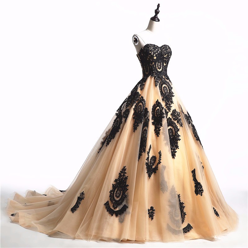 Vintage Gothic Wedding Dresses Black Champagne Sweetheart Lace Ball Gown Colorful Wedding Gowns With Color Custom Made C90