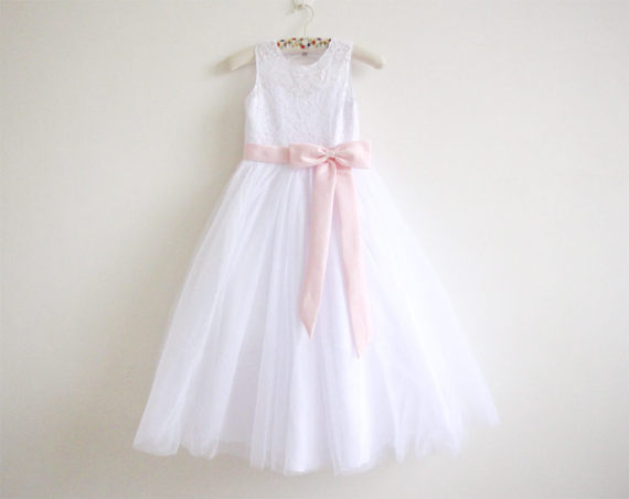 White Lace Flower Girl Dress Pink Baby Girls Dress Lace Tulle White Flower Girl Dress With Pink Sash/bows Sleeveless Floor-length D2