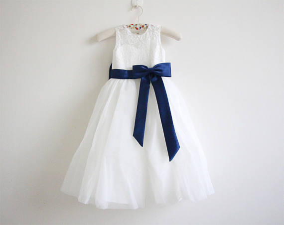 Ivory Lace Flower Girl Dress Light Ivory Baby Girl Dress Lace Tulle Flower Girl Dress With Navy Sash/bows Floor-length D10