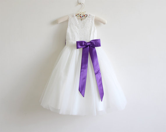 Ivory Flower Girl Dress Purple Baby Girls Dress Lace Tulle Flower Girl Dress With Purple Sash/bows Floor-length D18