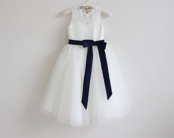 Flower Girl Dress Navy Baby Girls Dress Lace Tulle Flower Girl Dress With Navy Sash/bows Sleeveless Floor-length D20