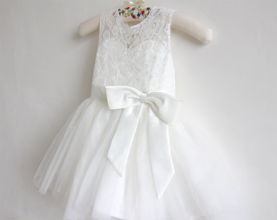 Flower Girl Dress Baby Girls Dress Lace Tulle Flower Girl Dress With Bows Sleeveless Knee-length D21