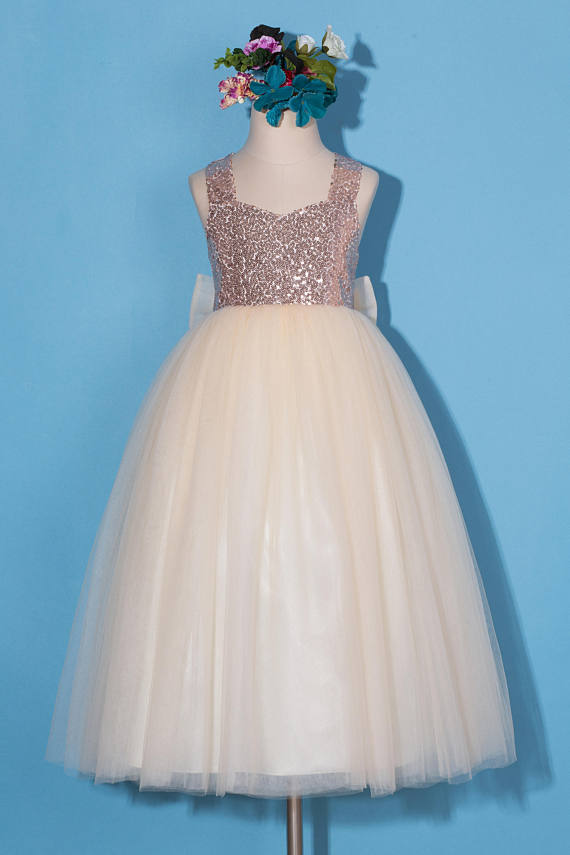 Rose Gold Flower Girl Dress, Sequins Pageant Dress, Rose Gold Sequins Dress, Girls Party Dress, Birthday Party Dress, Dress With Tulle Bow D27