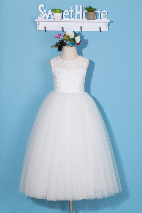 White Lace Flower Girl Dress/tulle Flower Girl Dress/pageant Dress/communion Dress/toddler Girl Dress/backless Flower Girl Dress D29