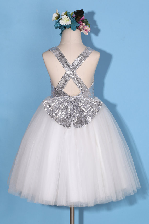 Sliver White Flower Girl Dress/silver Sequin Flower Girl Dress/criss-cross Backless Dress/white Flower Girl Dress/pageant Dress With Bow D30