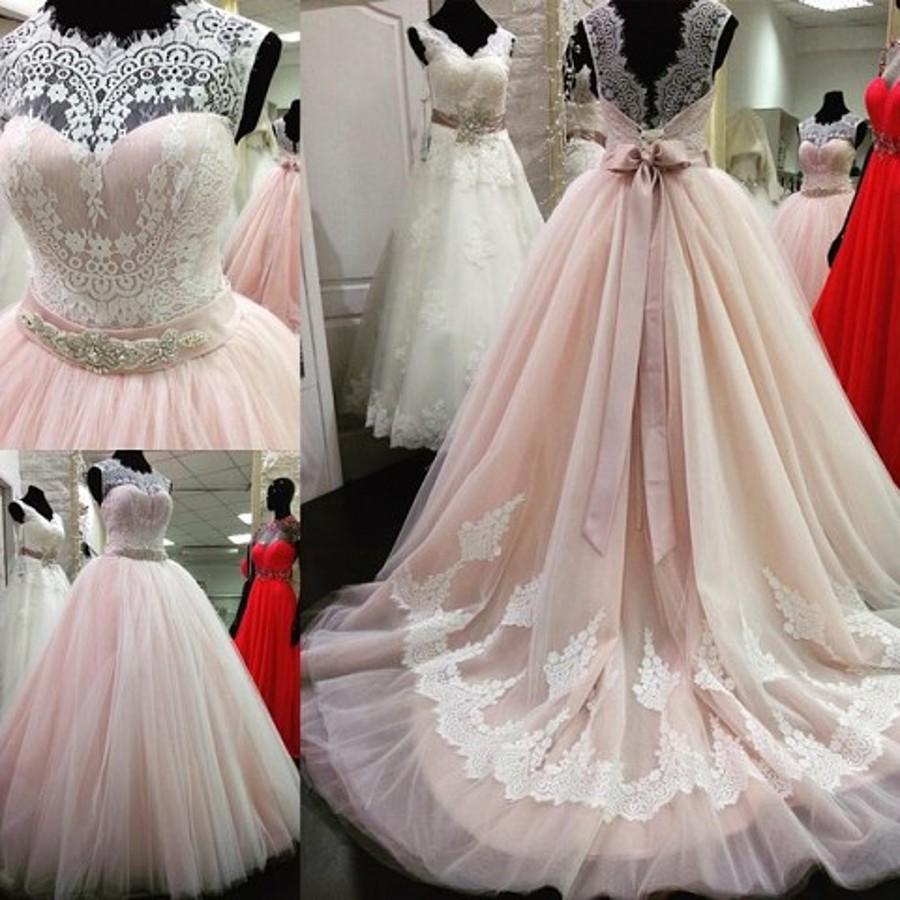 High End Quality Cap Sleeve Lace Crystal Beads Ribbon Sash Low Back Pink Wedding Dress Jd22